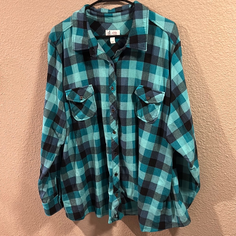 - Denim & Co Plaid Brushed Heavenly Jersey Button Front long Sleeved Top…